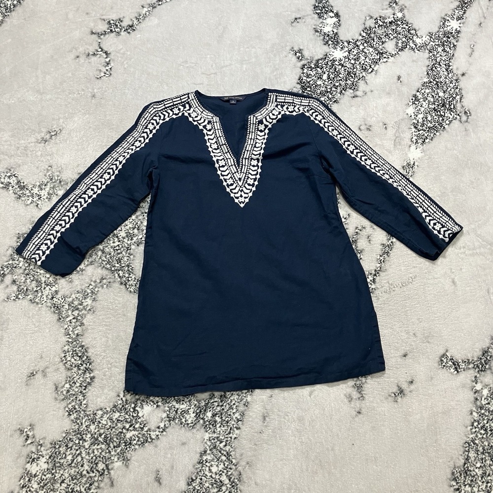 Brooks Brothers 346 Linen Blend Tunic Navy Embroidered 3/4 Sleeve Women Sz S